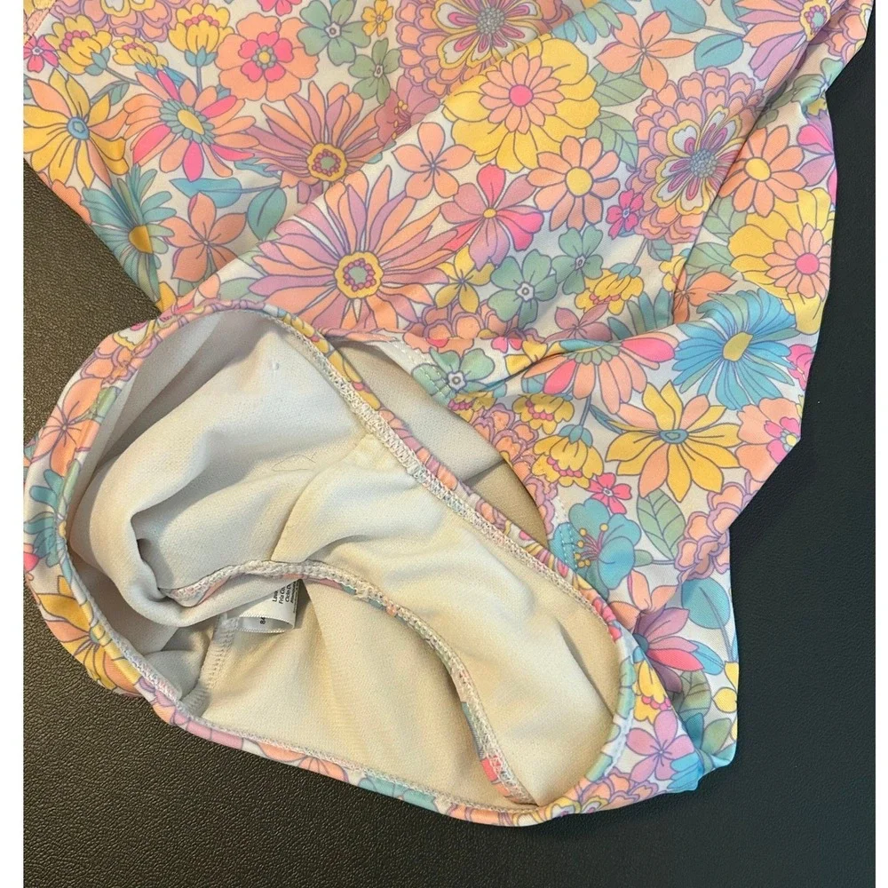 Wonder Nation Girls Retro Floral Long Sleeve Rash Guard Swimsuit L 10-12 1611
